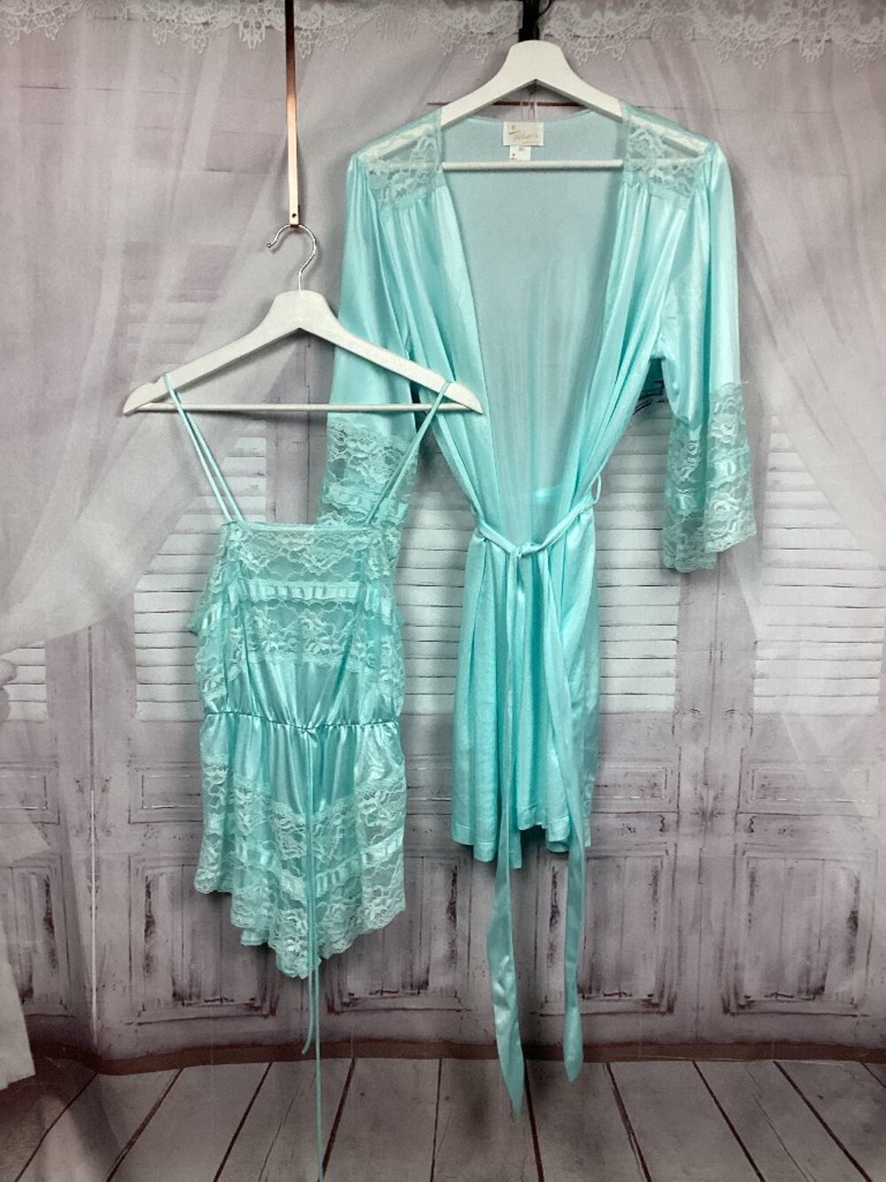 Vintage TexSheen Turquoise Satin & Lace Robe & Teddy Set M